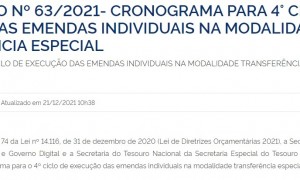 Publicado cronograma do 4º Ciclo das indicações das emendas especiais