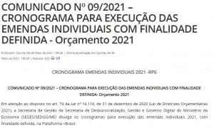 Governo federal divulga cronograma para execução de emendas individuais com finalidade definida