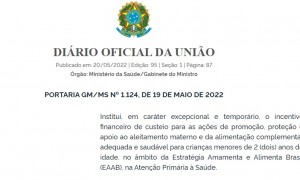 Portaria libera recursos para apoio ao aleitamento e à alimentação complementar de crianças de até dois anos